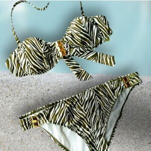 Gianni Bini Bikini Swimsuit Gold Green Animal Print